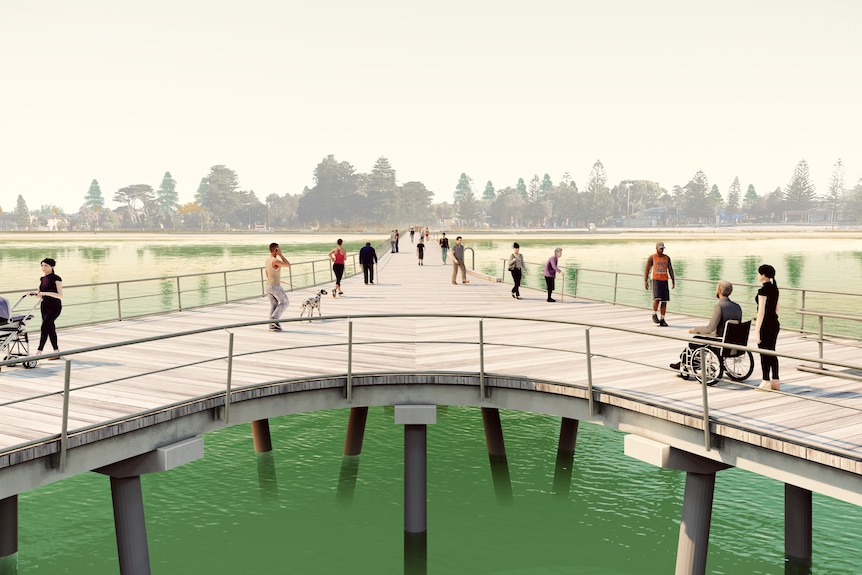 The community gathering space of the new Altona Pier redevelopment is pictured looking back towards the pier's entrance.