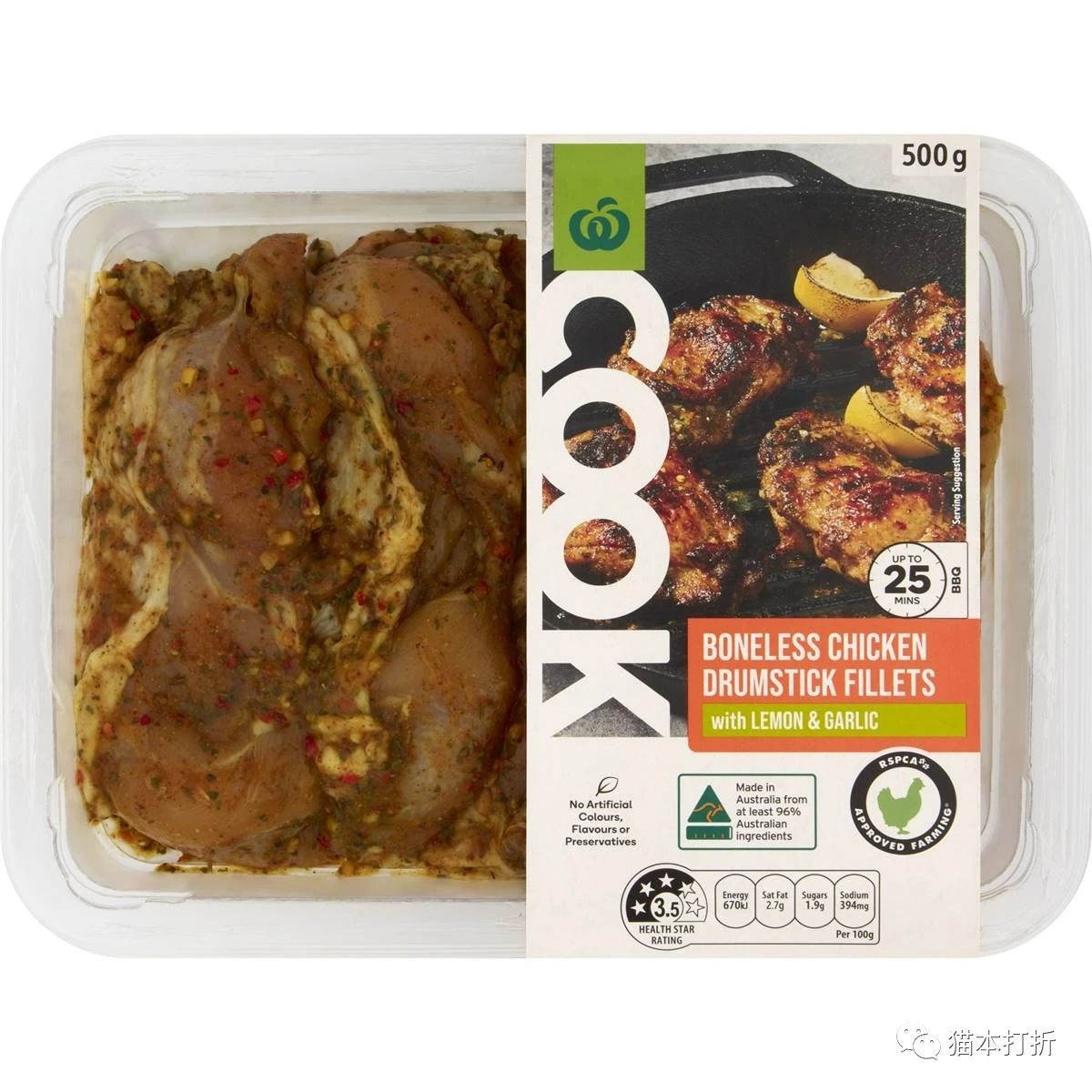 柠檬蒜香味无骨鸡腿特价！一份500克，两份$15！@ woolworths